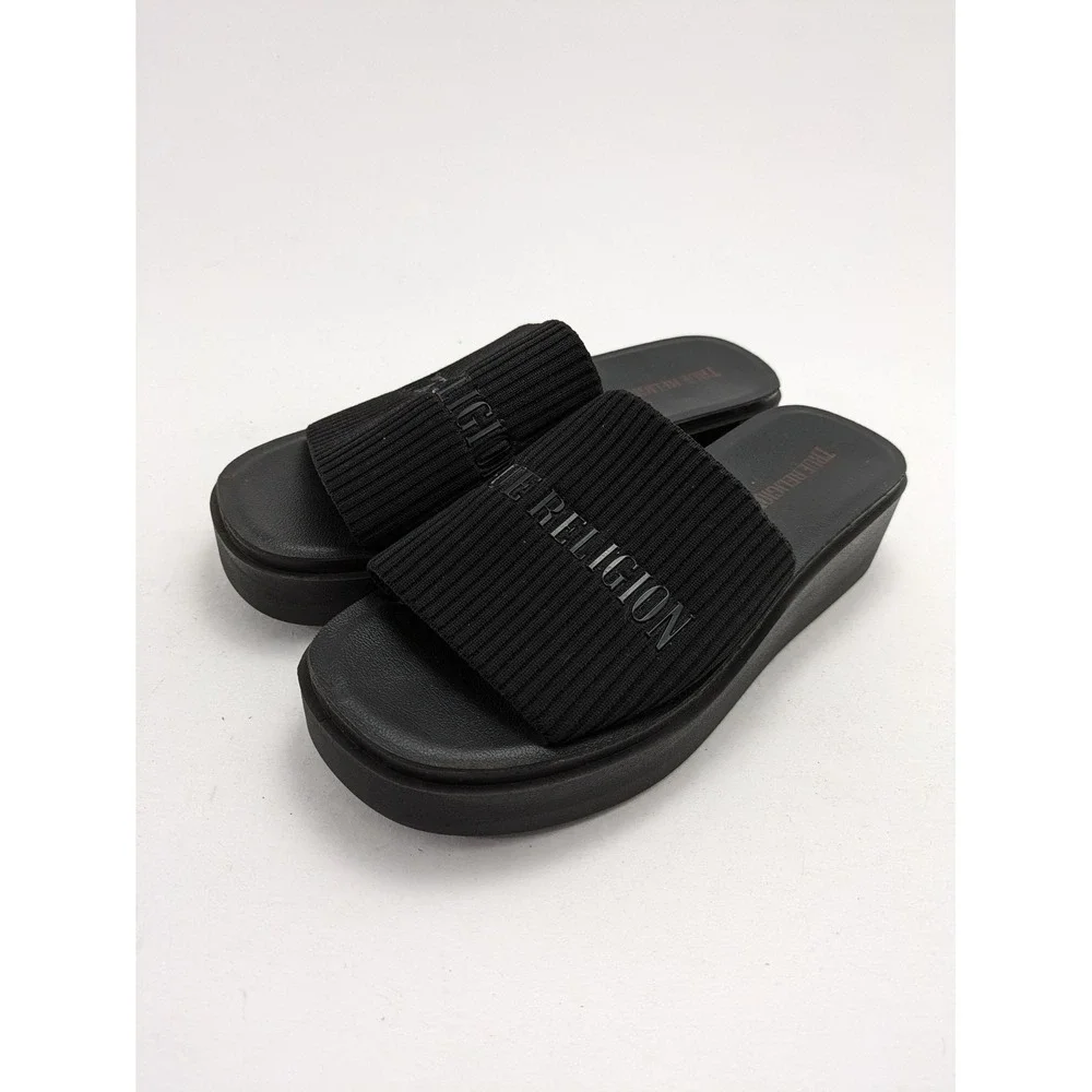 Womens True Religion Jann Black‎ Slip On Mules Fabric Platform Sandals Size 8